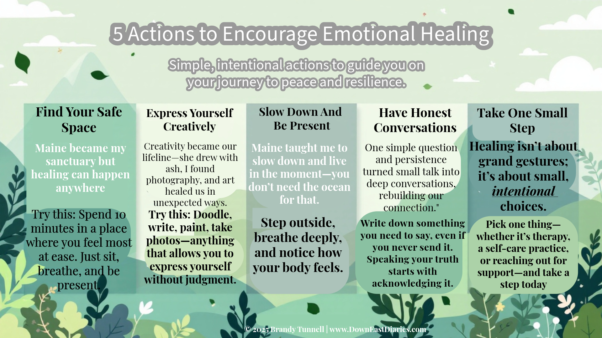 5 steps to healing: find peace, express creativity, slow down, connect honestly, and take small steps. Calming, nature-inspired design.