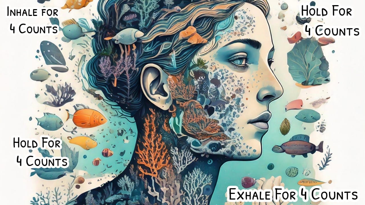 Artistic profile of a woman surrounded by coral and ocean elements, illustrating the calming steps of box breathing for mindfulness.