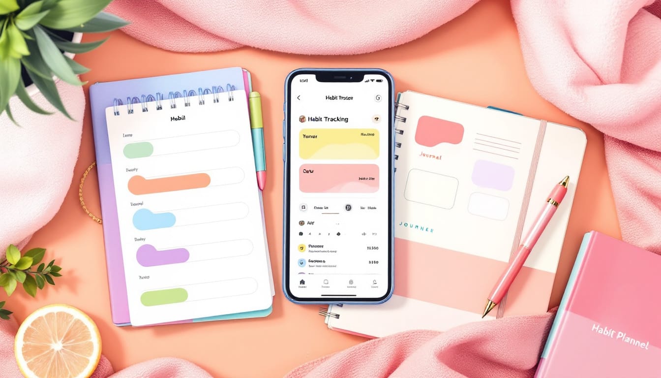 Flat lay of habit-tracking apps, a colorful journal, and a planner with a pen on a wooden desk, inspiring focus and organization.