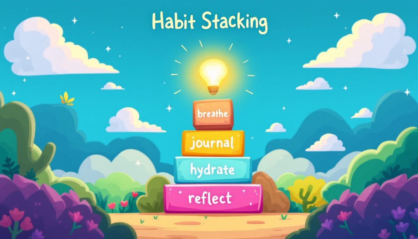 Bright cartoon illustration showing habit stacking steps like journaling, meditation, and exercise in a playful style.