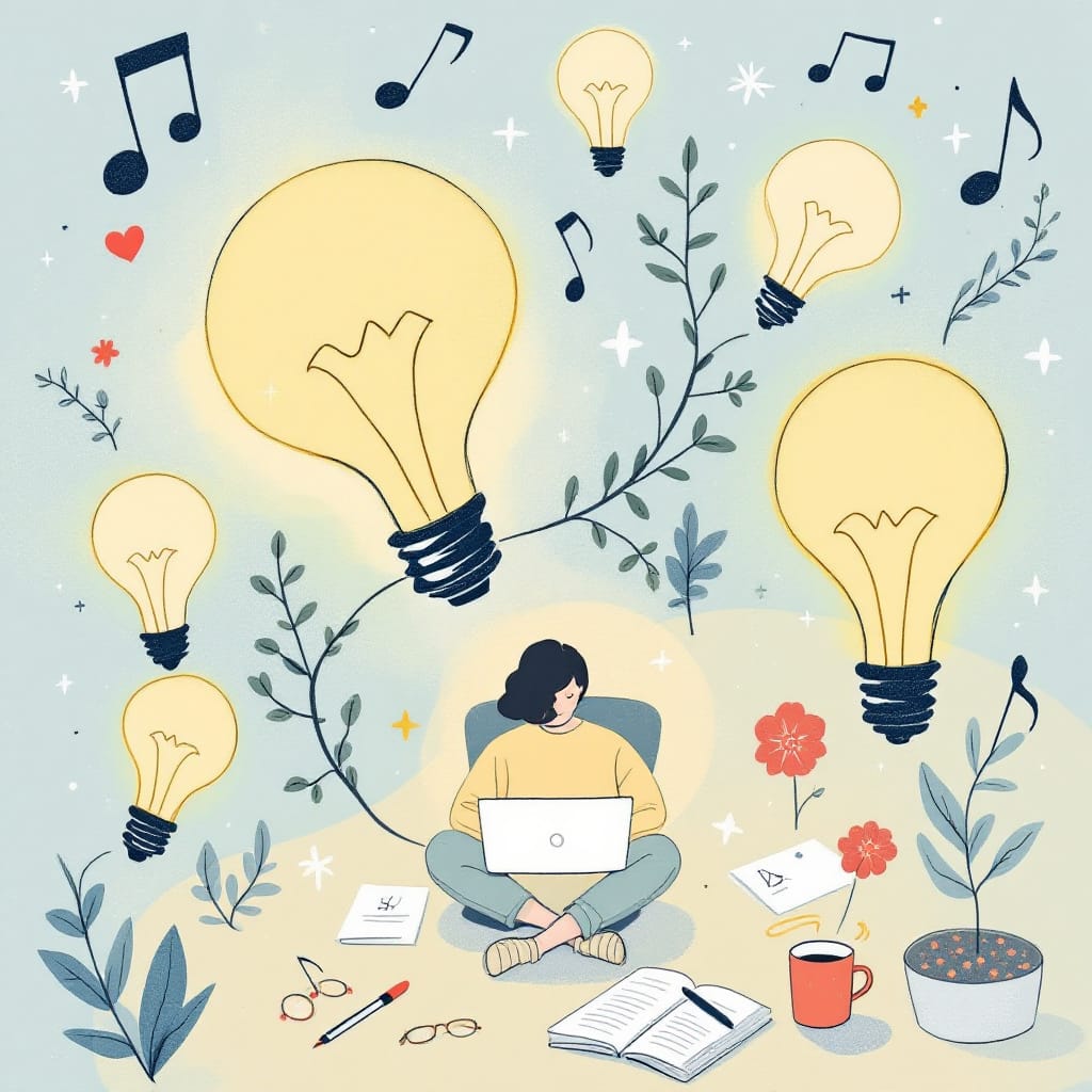 Flow and Focus Illustration: A whimsical depiction of concentration and creativity with symbols of clarity and minimal distractions.