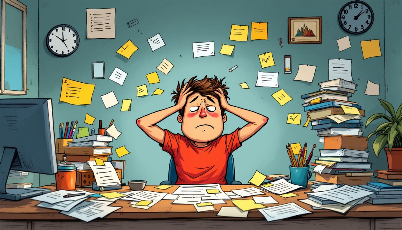 Illustration of a stressed person at a messy desk, representing the chaos of unstructured habits and mental overwhelm.