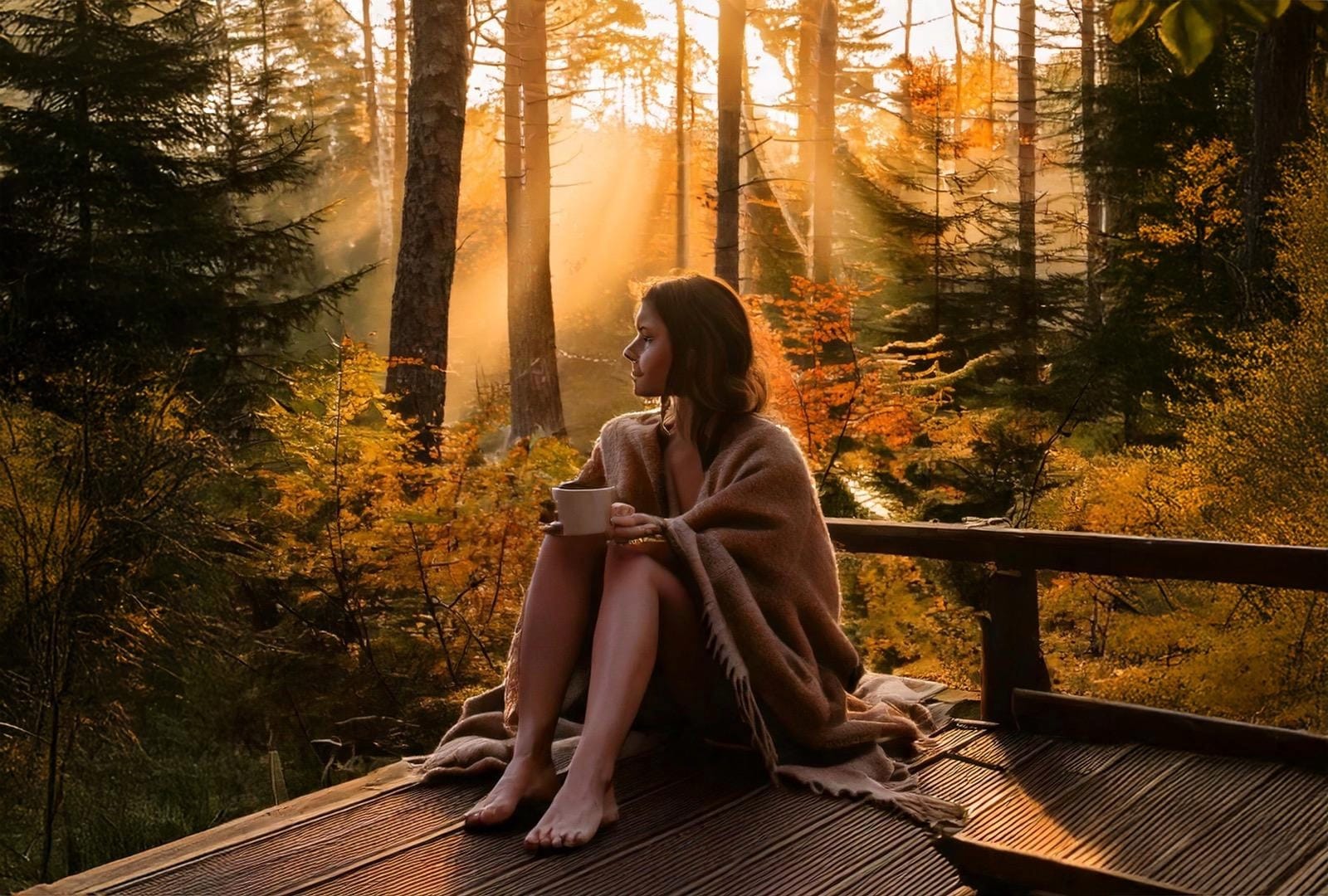 Barefoot woman sipping coffee on a rustic porch, surrounded by a misty Maine forest at sunrise, embracing a peaceful rewilding moment.