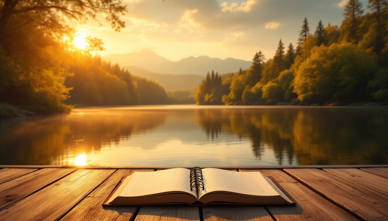 A serene lake at sunrise with an open journal and pen on a wooden dock, inspiring mindfulness and morning rituals.