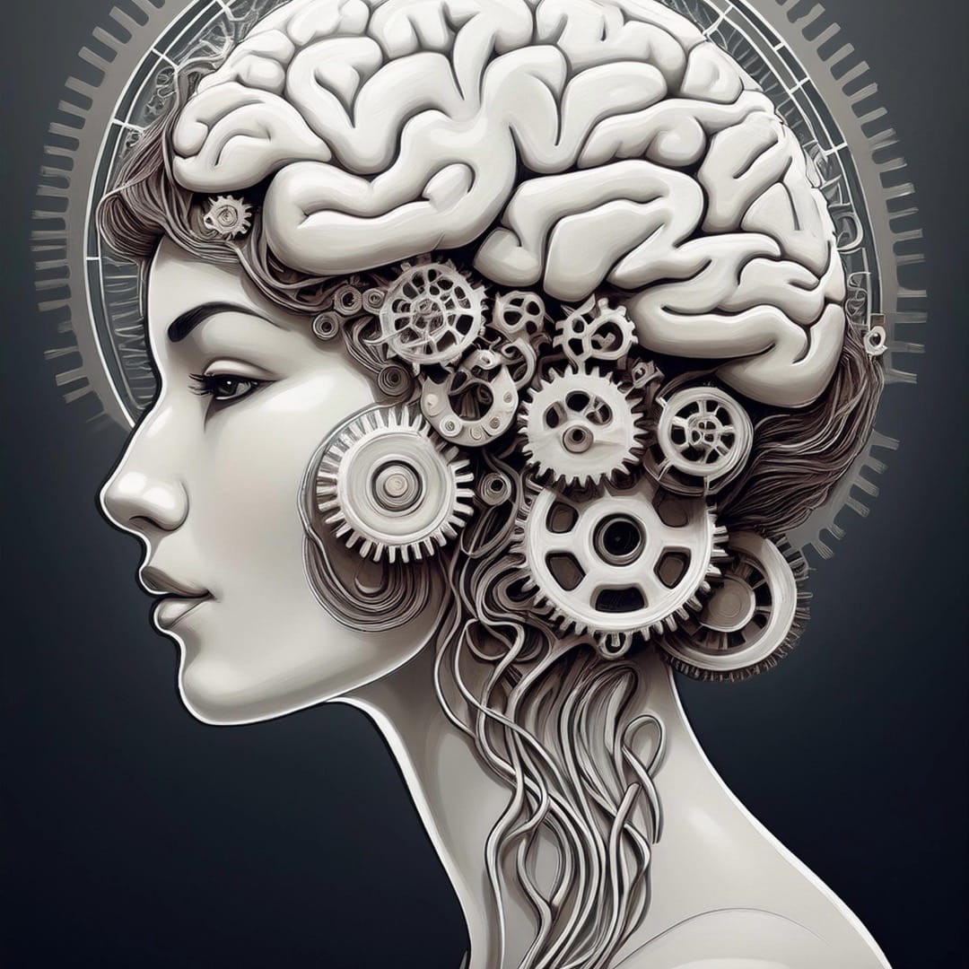 Silhouette of a woman with gears in her brain, symbolizing the power of habit stacking to rewire thought patterns and routines.