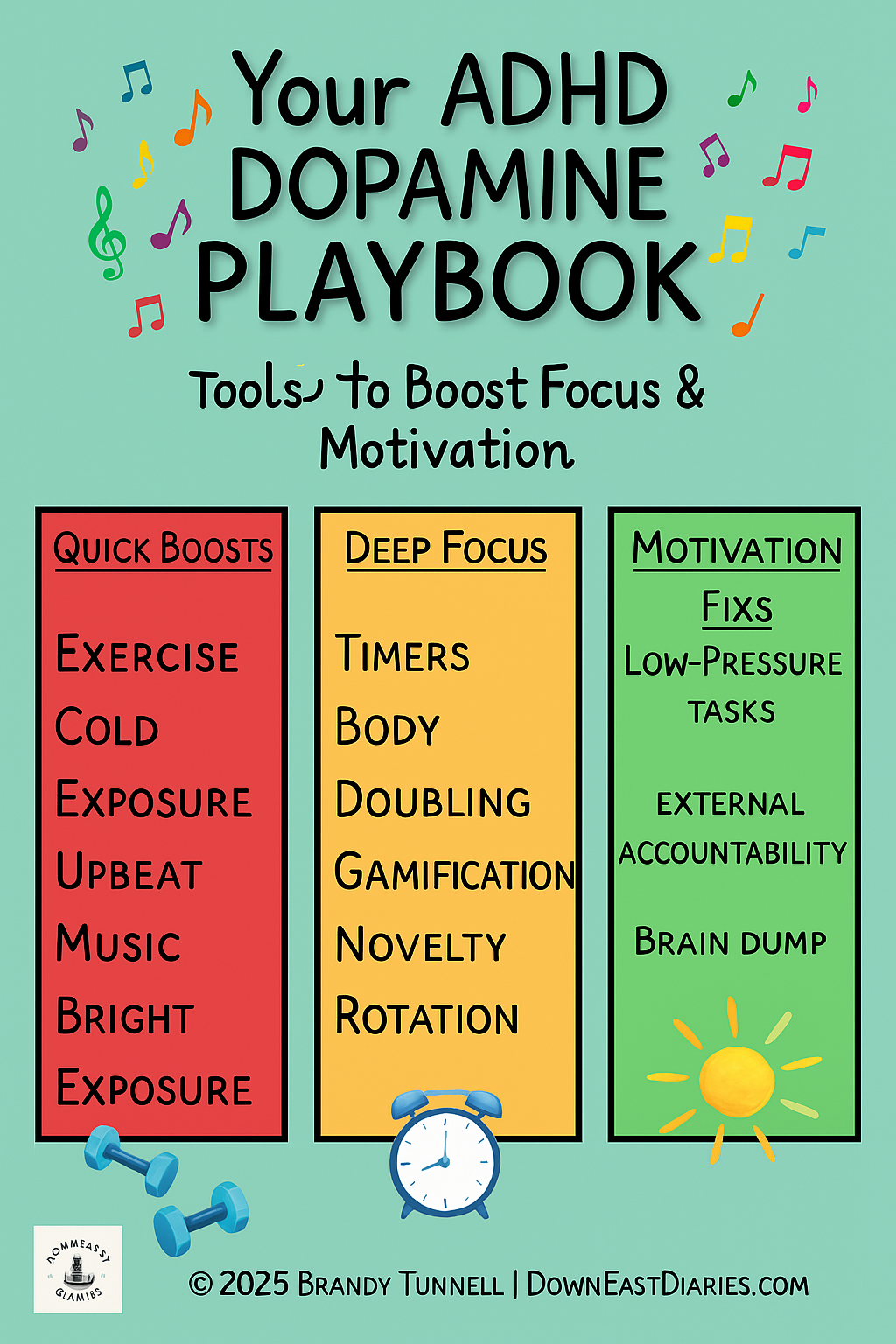 Illustrated list of ADHD-friendly dopamine tools with icons and bold headline