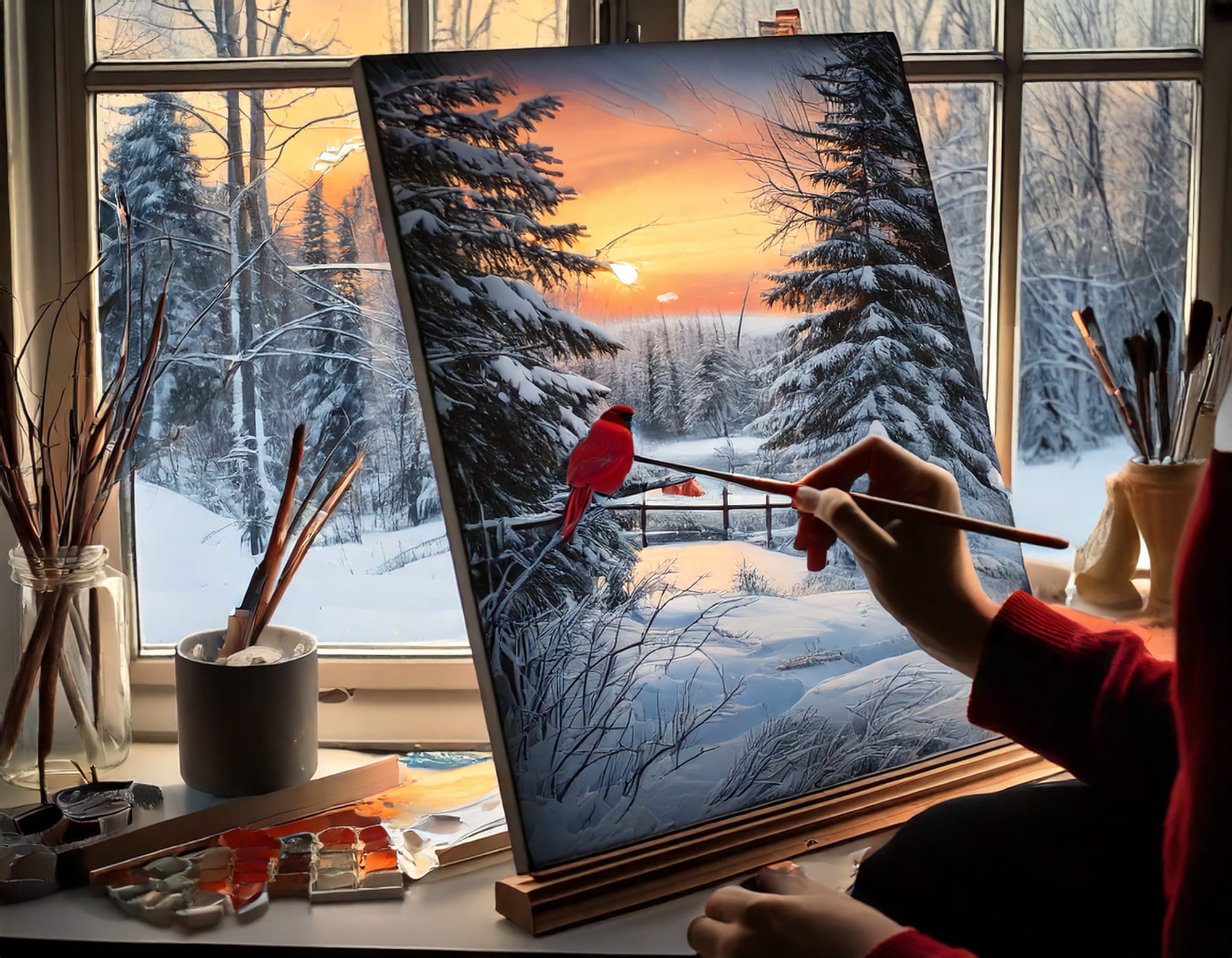 An artist painting a winter landscape with a red cardinal on a snow-covered tree branch.