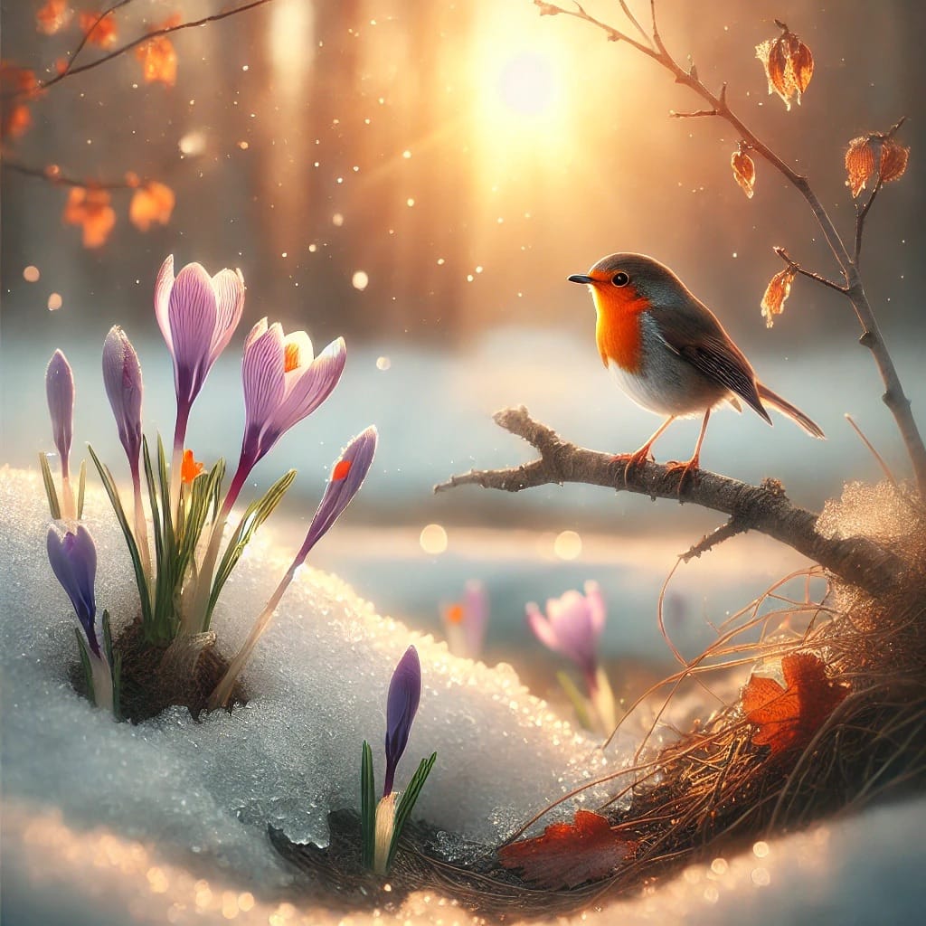 Bright Crocuses and a robin perched on a branch, bathed in a golden spring light as snow melts away.