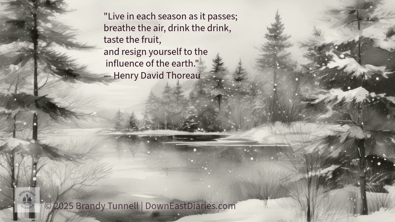 A watercolor-style winter landscape with Henry David Thoreau’s quote about embracing each season.