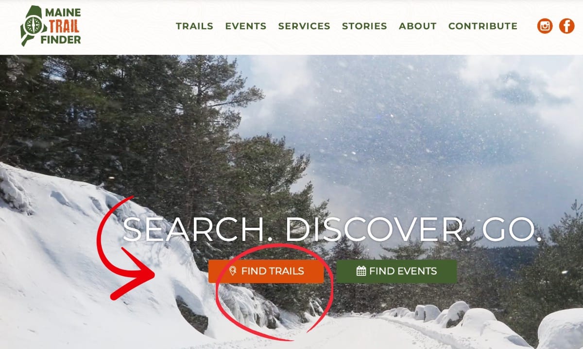 Maine Trail Finder homepage directing hikers to find trails and check conditions before heading out.