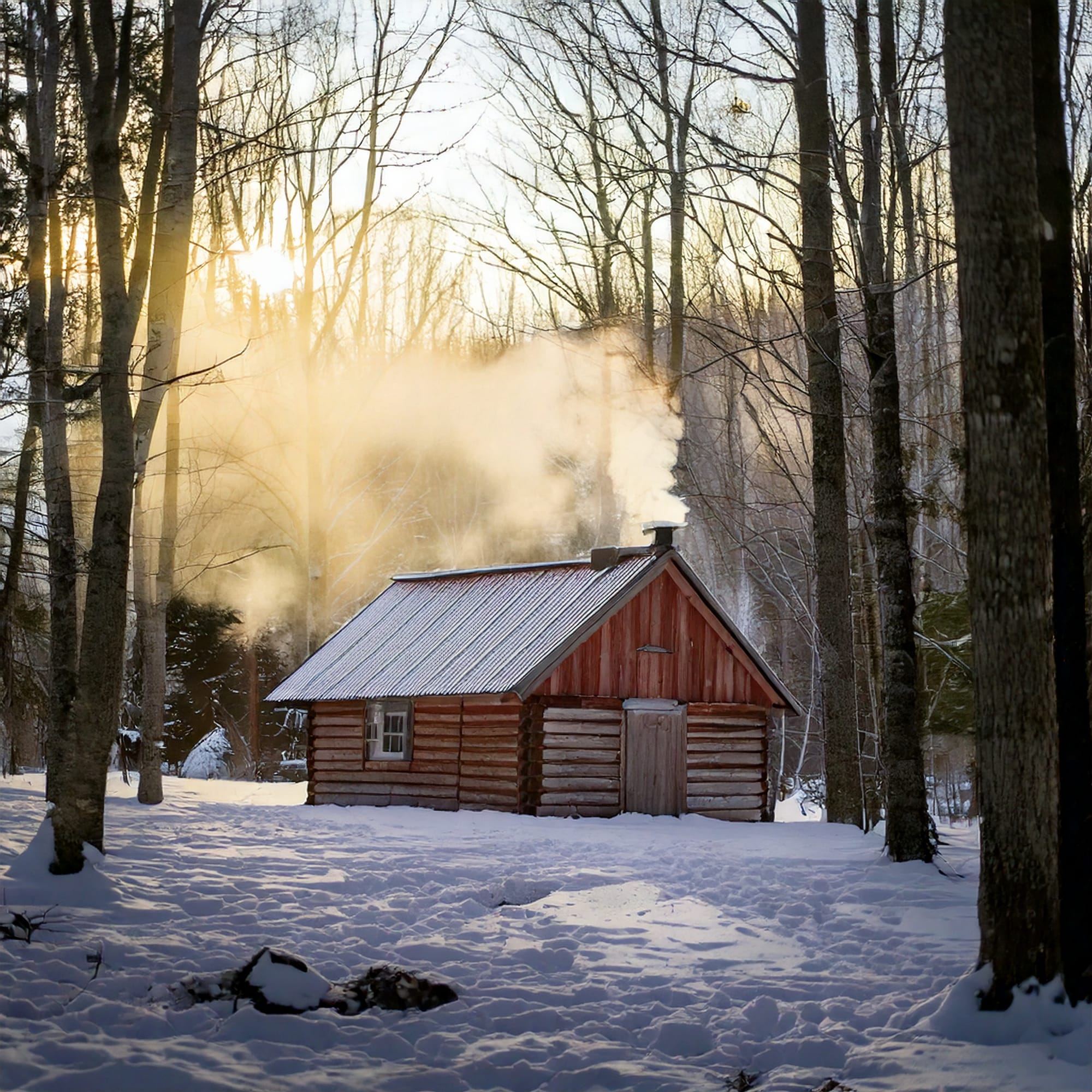 Steam rises from a rustic Maine sugar shack as maple sap boils inside, marking the start of sugaring season in early spring.