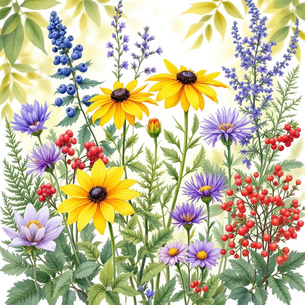 Collage of Maine native plants: black-eyed Susans, wild bergamot, aster, blueberry shrubs, and bearberry ground cover.