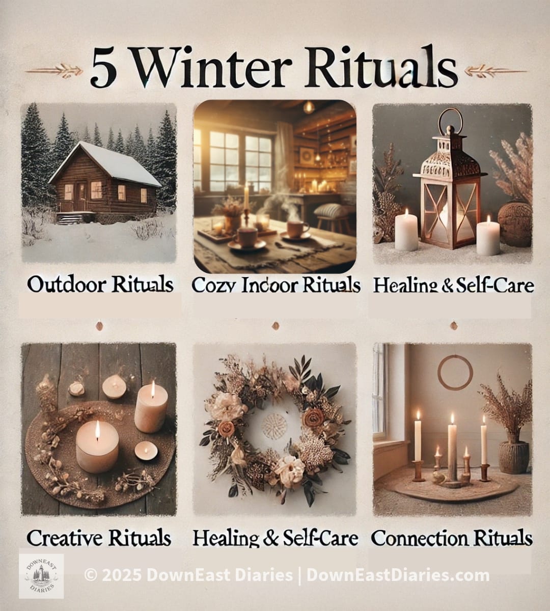  A visually appealing infographic summarizing five cozy winter rituals: Outdoor, Indoor, Healing, Creative, and Connection.
