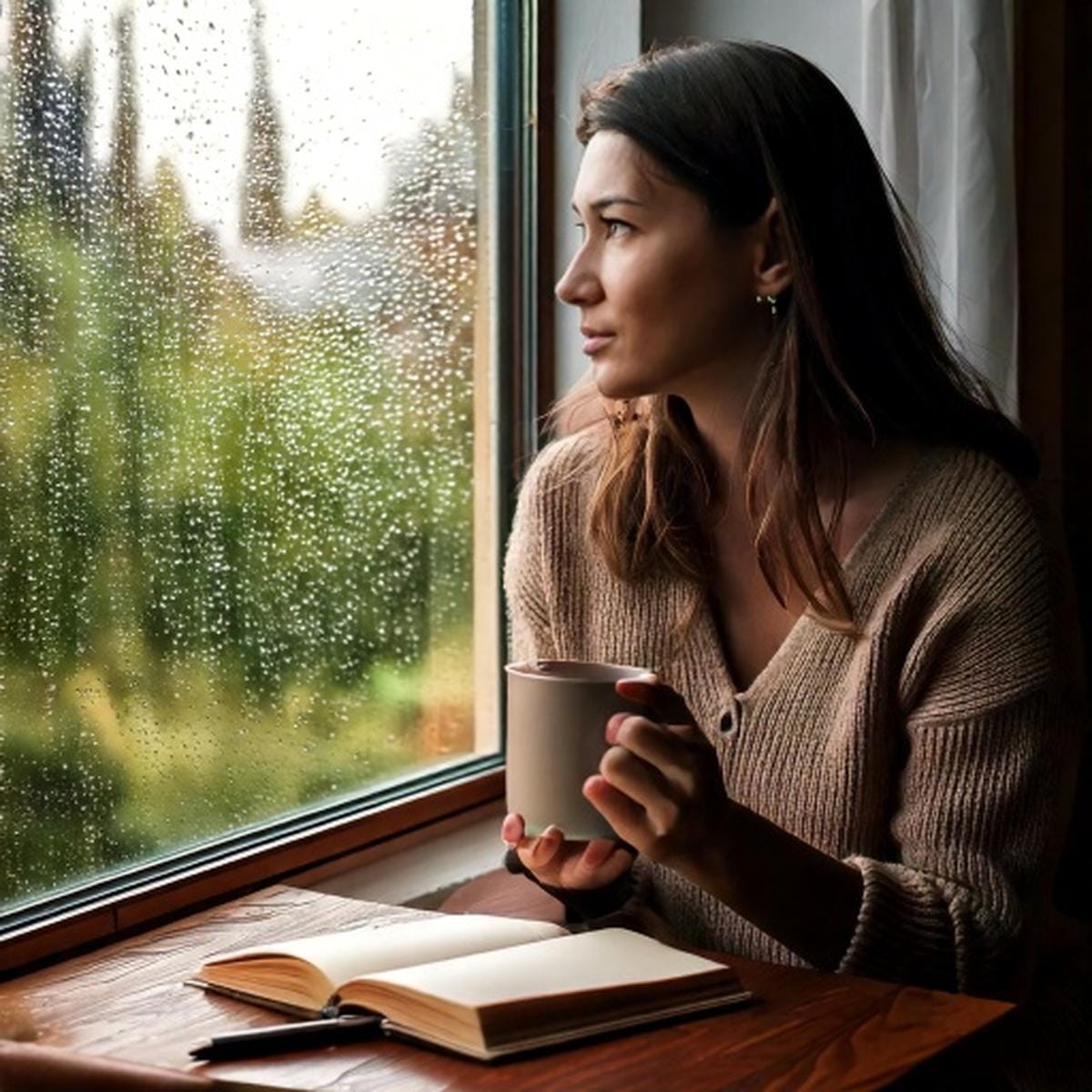A woman watches rain fall outside while sipping tea, embracing the last cozy moments of winter before spring fully arrives.