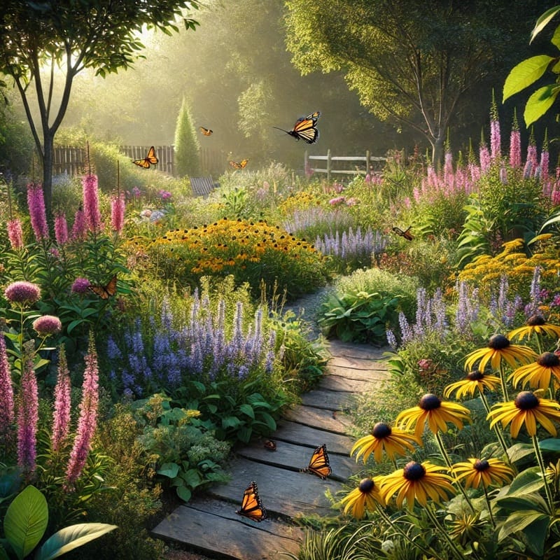 Artistic representation of wildflowers, garden prep, and pollinators in a native garden.