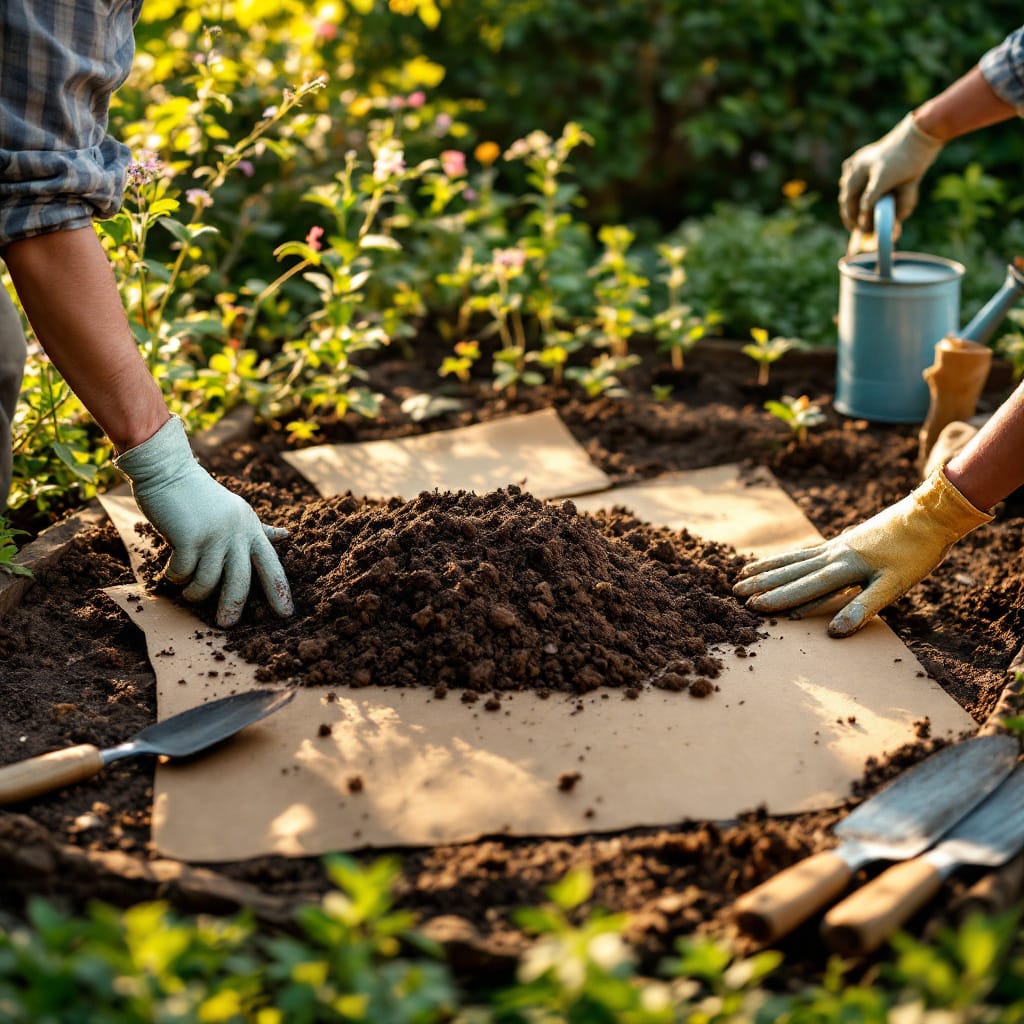 Garden bed preparation using cardboard layering and mulch for a native garden.