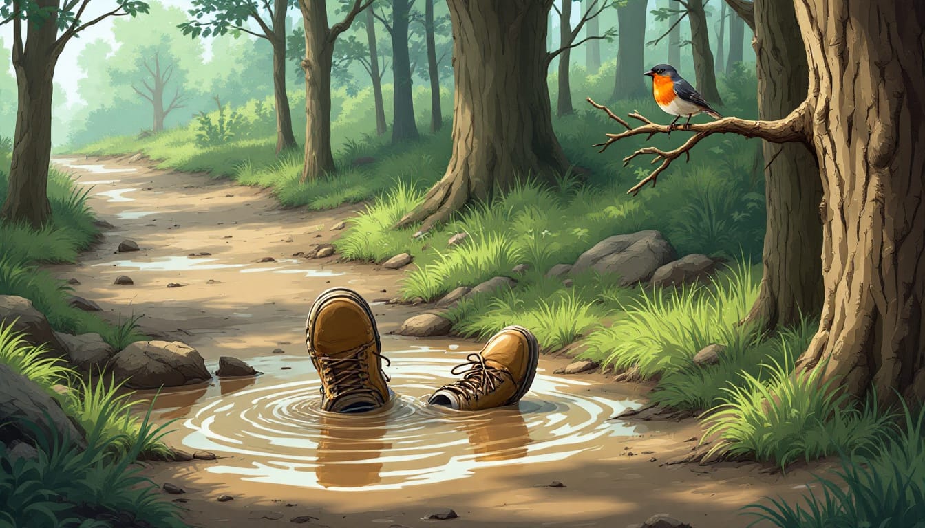 Pair of hiking boots sinking in mud on a forest trail-classic Maine mud season struggle.
