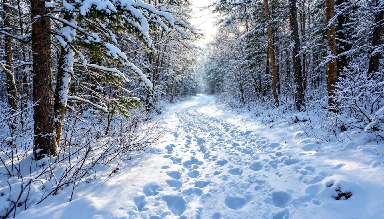 A serene snow-covered trail winding through a quiet winter forest in Maine.