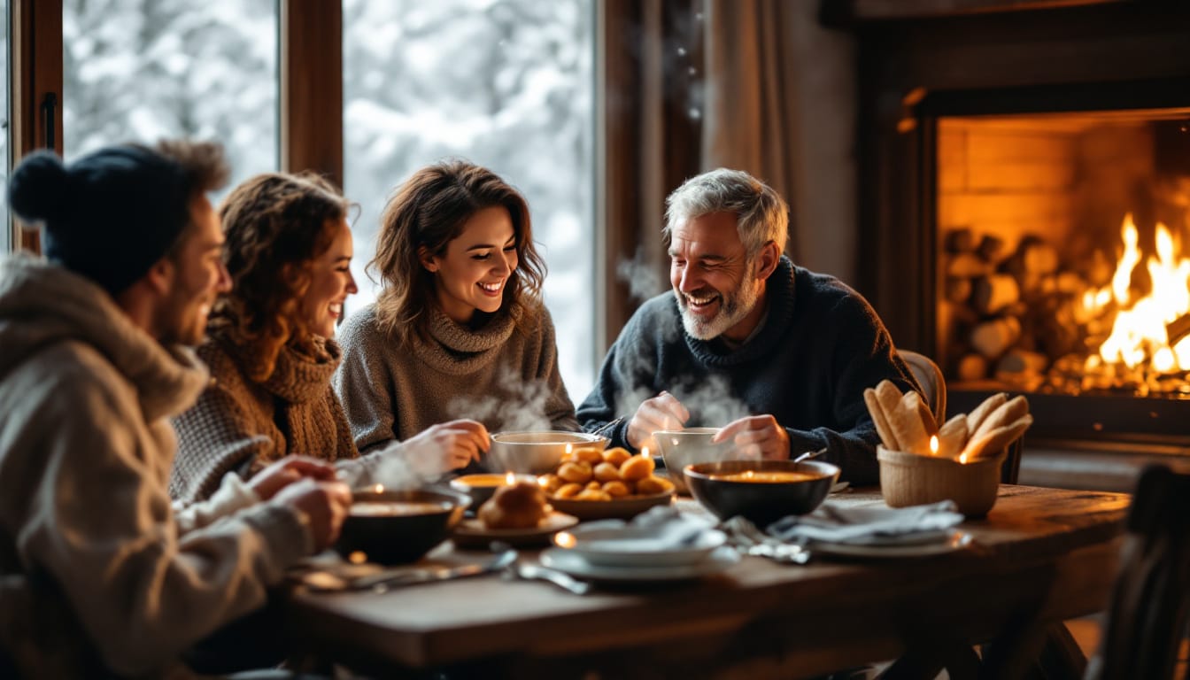  Friends sharing steaming mugs of soup around a rustic wooden table, laughing in the glow of firelight.