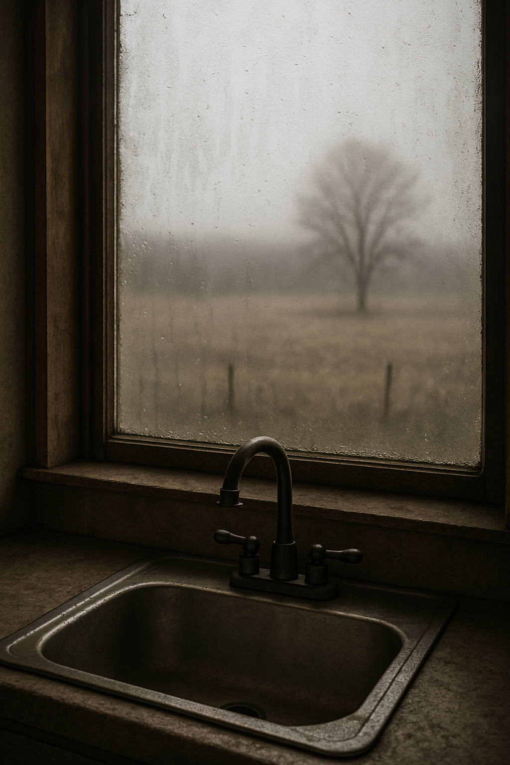 View from a kitchen sink through a foggy window to dull field.