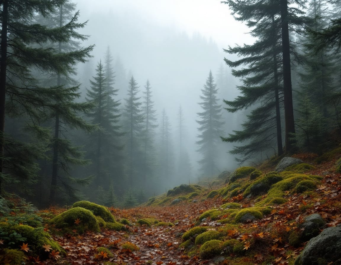 Misty Maine forest trail fading into the fog.