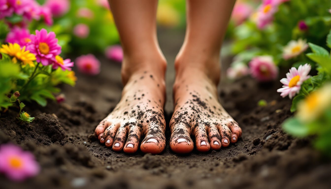 Bare feet with dirt curling into the garden soil.