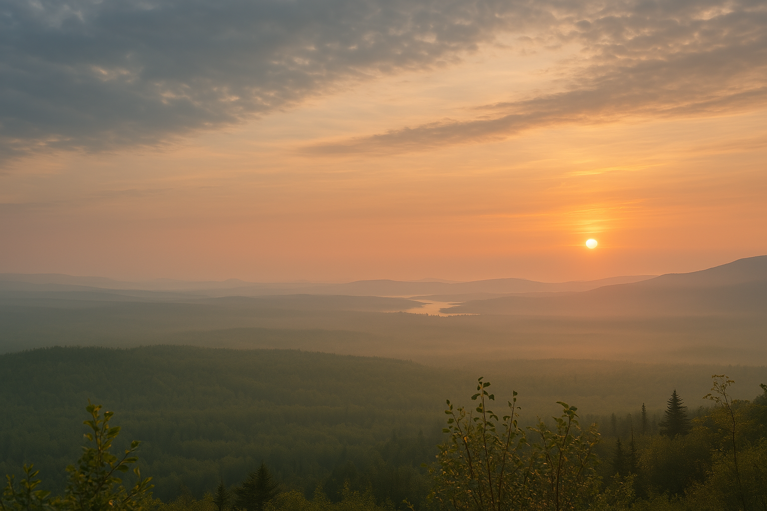 Soft sunrise over Maine water seen from a high overlook at Quill Hill.