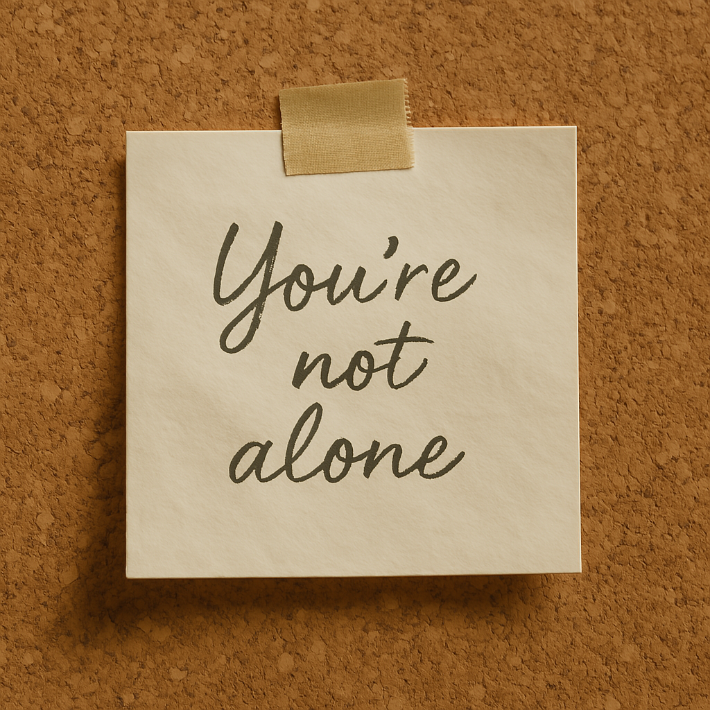Sticky note that says "You're not alone" on corkboard.