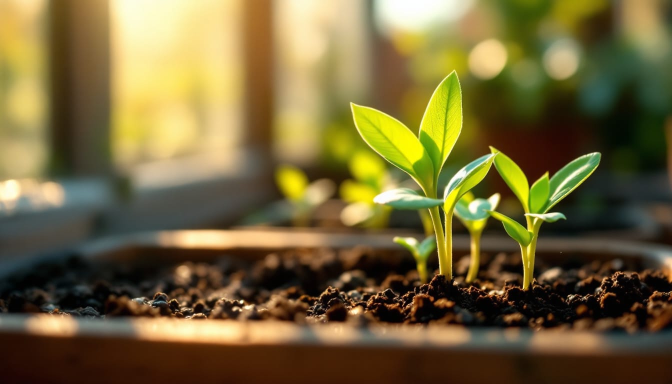 Young green seedlings reaching toward soft morning sunlight in a greenhouse, surrounded by blurred greenery and rich soil, capturing the peaceful rhythm of nature