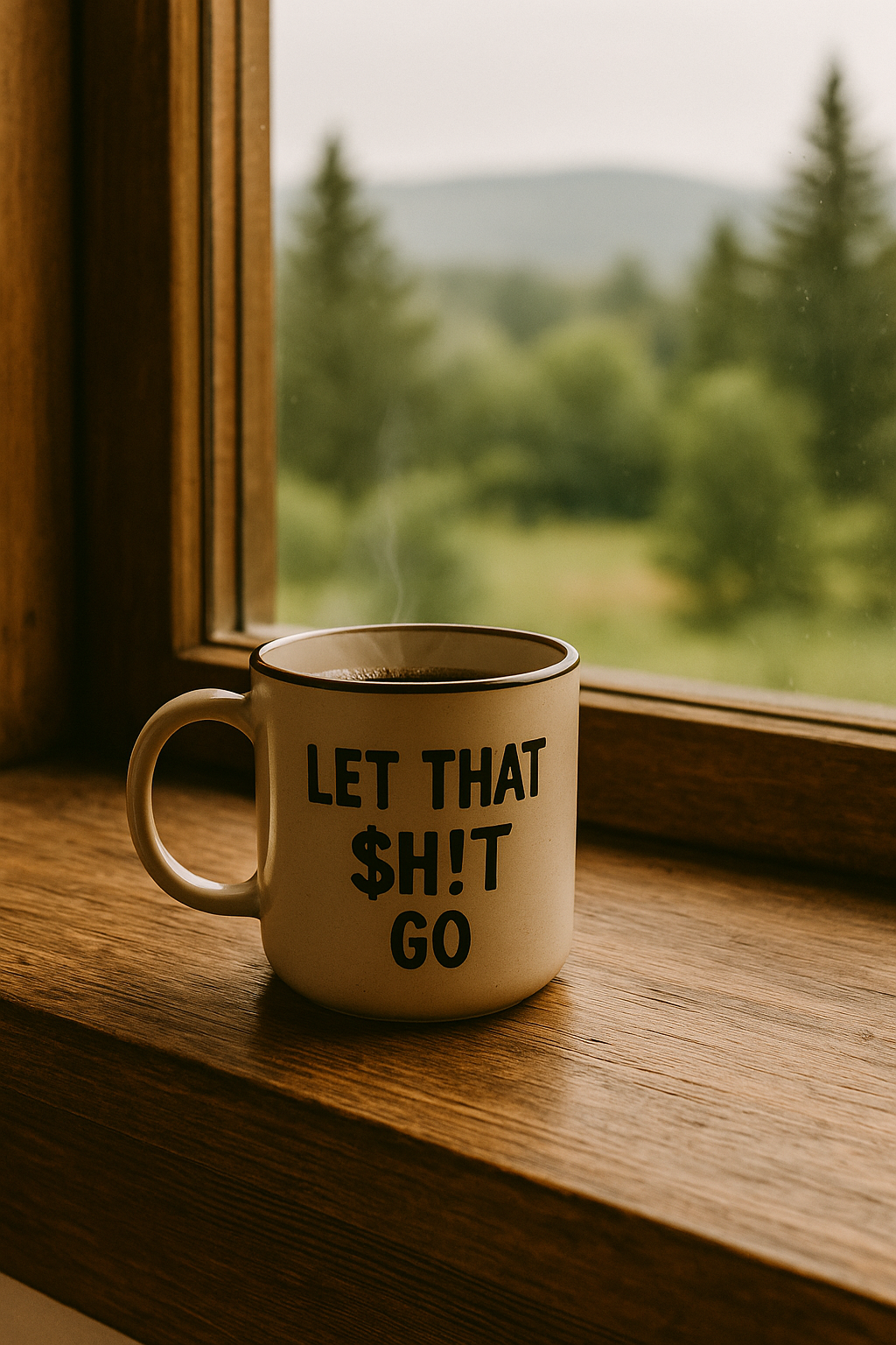 A beige ceramic mug with the words ‘Let That $h!t Go’ sitting on a rustic wooden windowsill, with a peaceful green landscape outside.