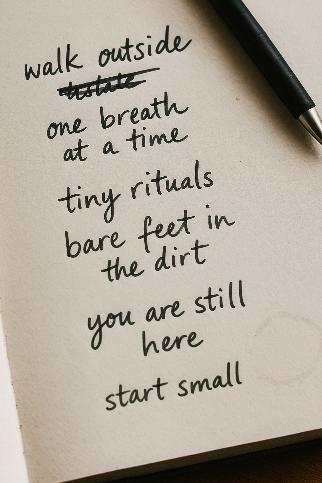 Handwritten journal page with calming notes like ‘walk outside,’ ‘one breath at a time,’ and ‘start small,’ written in black ink.