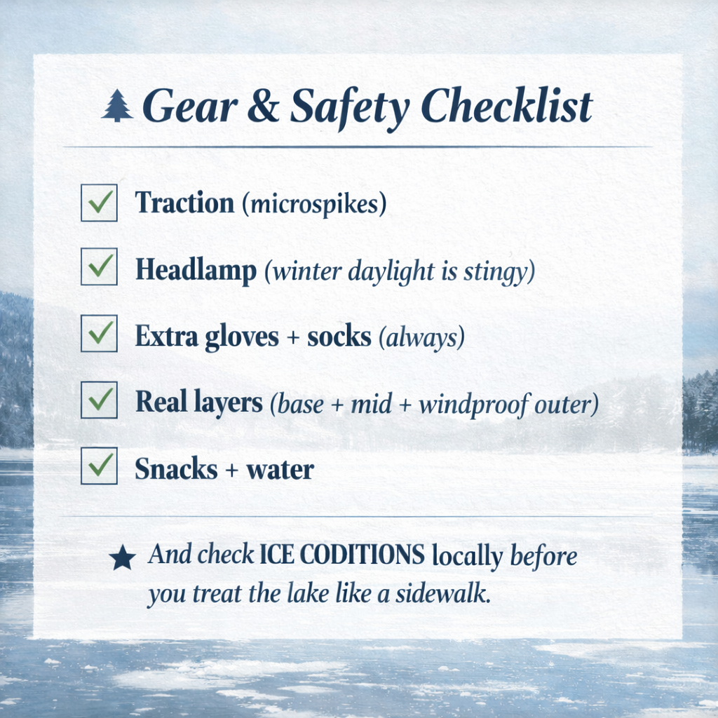 Graphic titled “Gear & Safety Checklist” listing winter essentials for a Maine adventure: traction (microspikes), headlamp, extra gloves and socks, layered clothing, snacks and water, plus a reminder to check ice conditions locally.