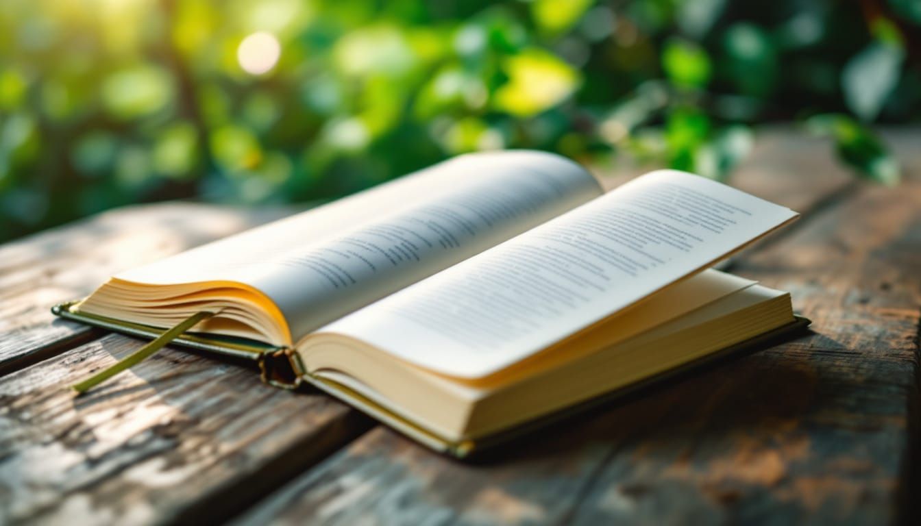 An open journal on a wooden table outdoors, surrounded by soft greenery, representing mental health reflection and healing.