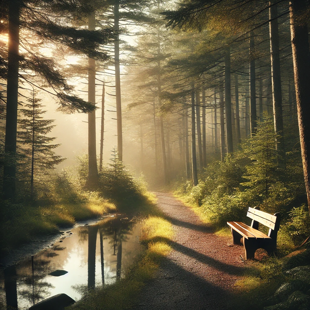 A peaceful forest trail in Maine with mist rising and soft morning light, inviting reflection, calm, and healing in nature.