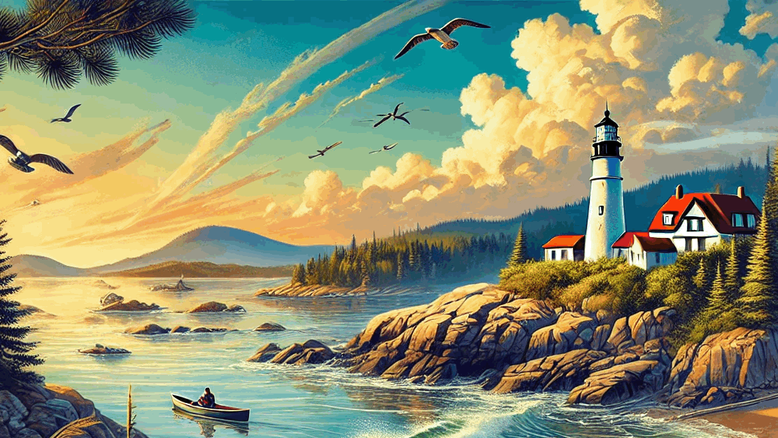 Vibrant Maine coastal landscape with a lighthouse, ocean waves, pine trees, a moose, and a rowboat on the shore.
