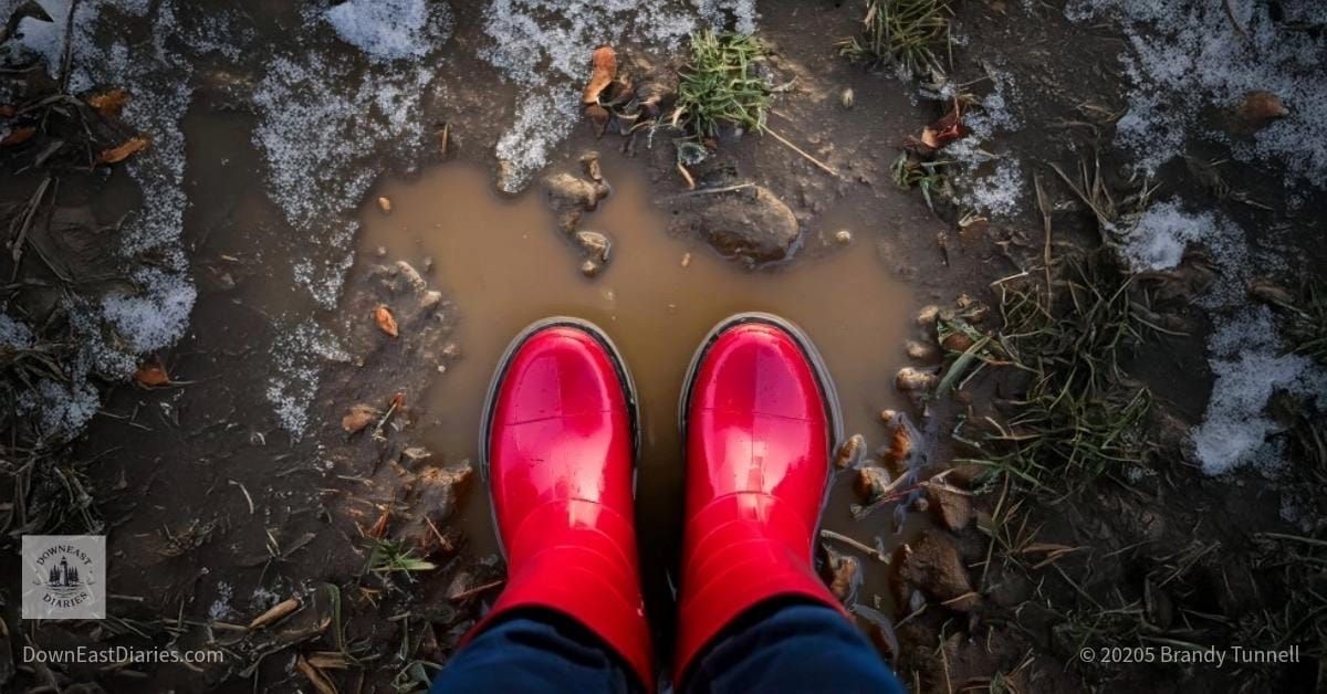 A pair of red rubber boots standing in a muddy puddle with traces of melting snow—classic Maine Mud Season in full force.