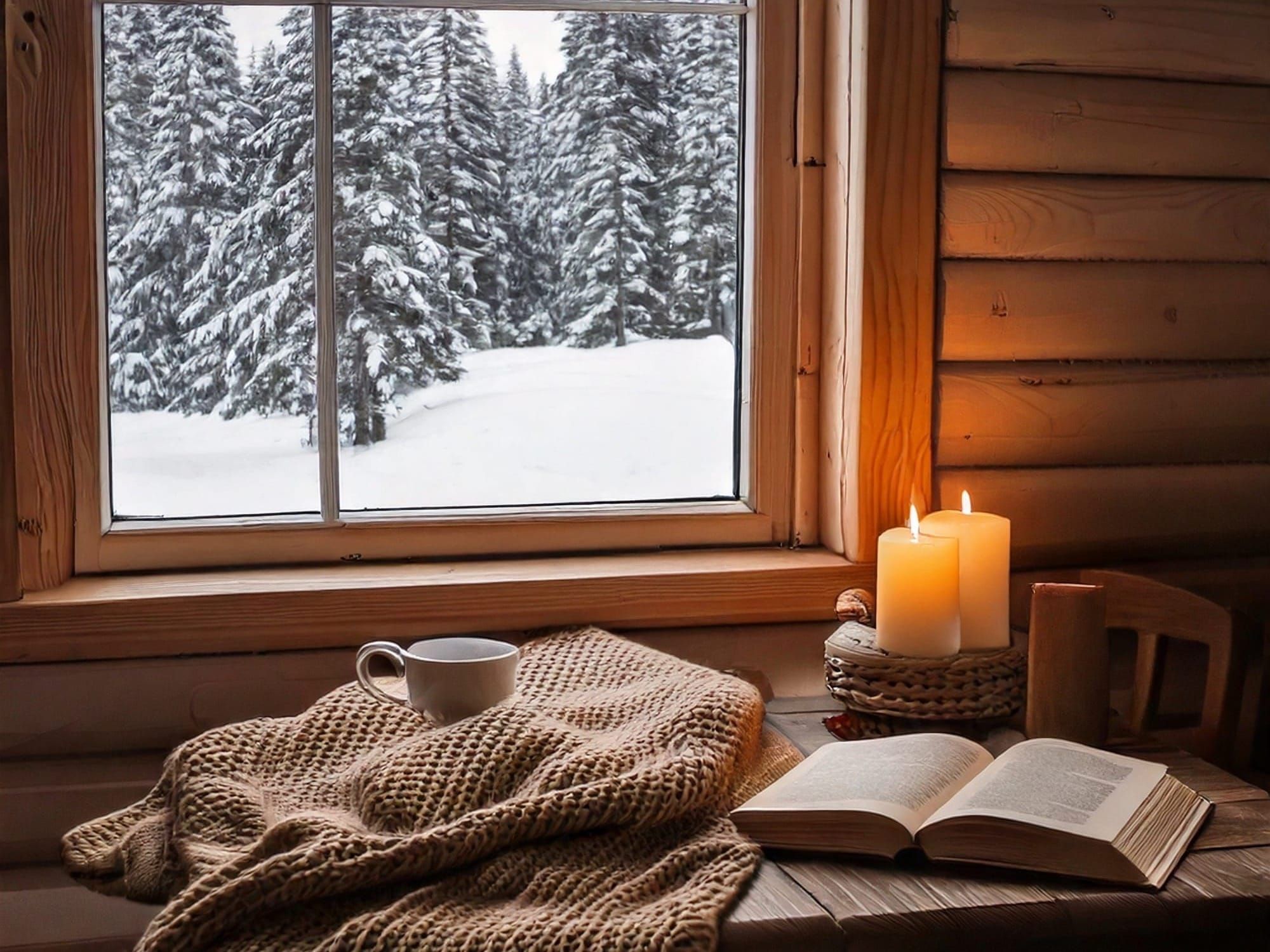 A cozy winter scene with a steaming mug, an open book, and glowing candles near a snow-covered window.