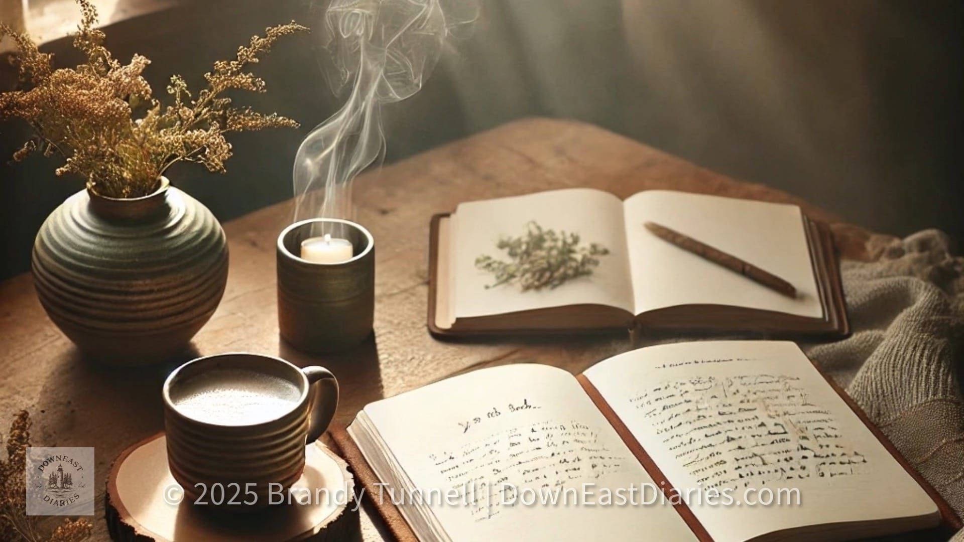 Cozy writing scene with journals, candle, coffee, and dried flowers on a rustic wooden table in warm morning light.