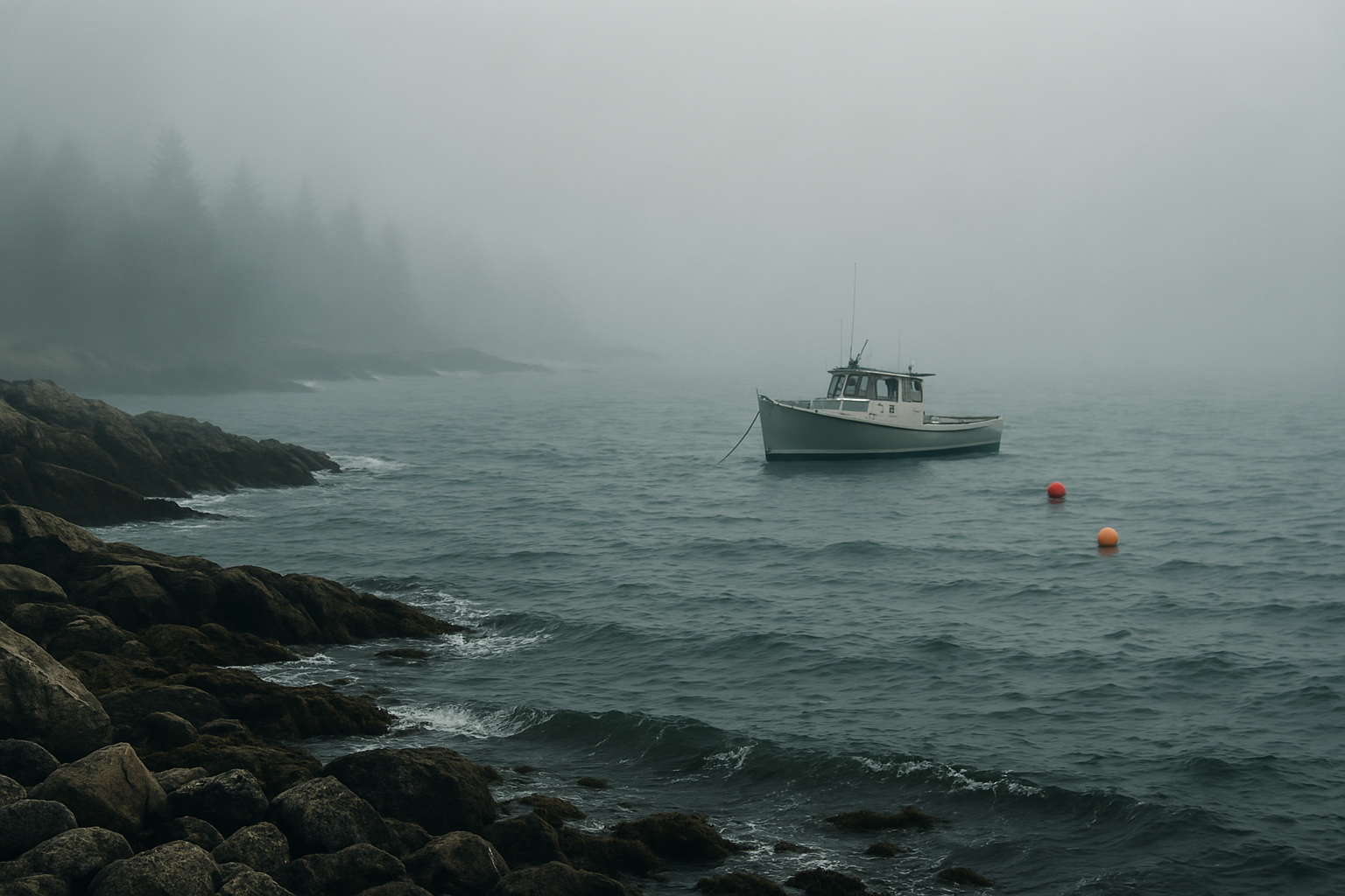 Foggy Maine harbor with lobster boat and buoys at sunrise.