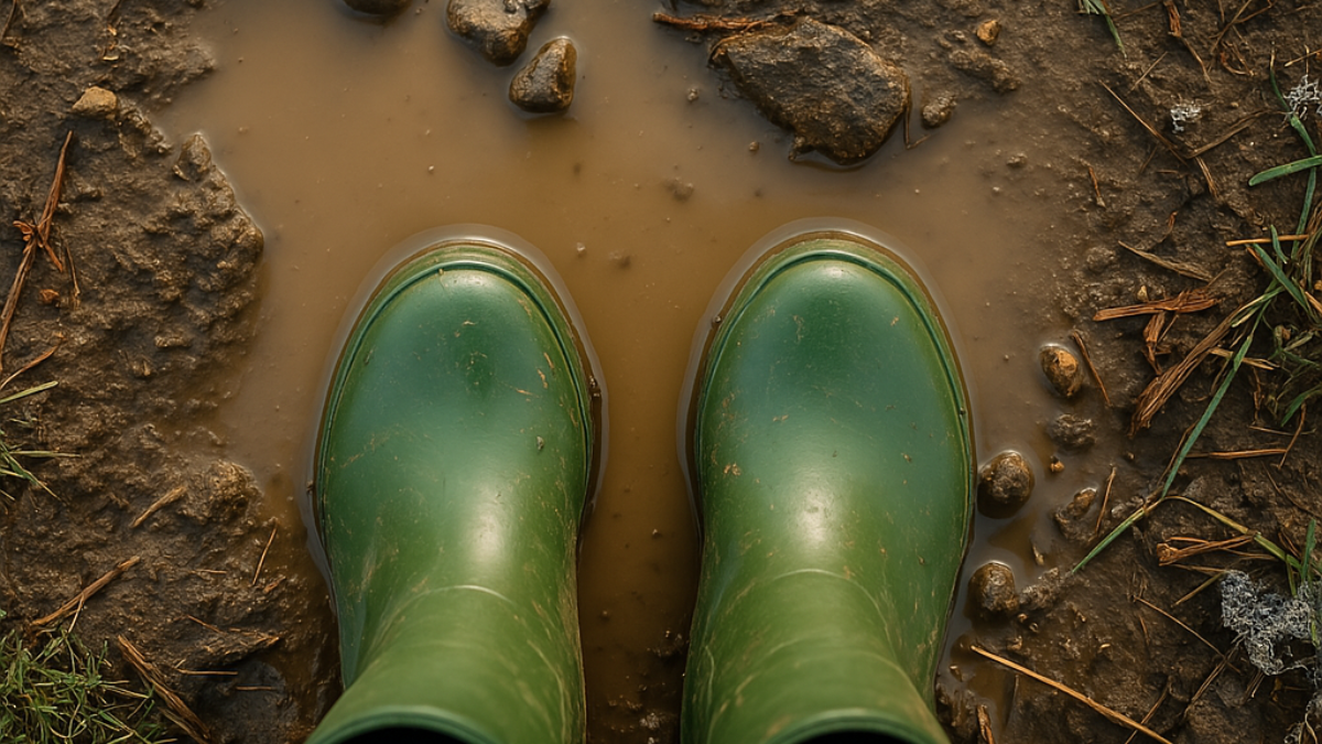 A pair of green rain boots standing in a muddy puddle surrounded by melting snow and spring grass, symbolizing the messy start of Maine’s spring season.