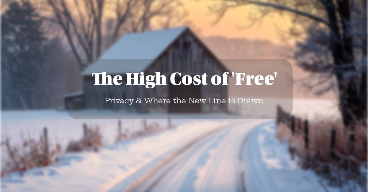 Snow-covered rural Maine road at dawn with an old New England barn in the distance, its wooden doors standing wide open in the winter fog.