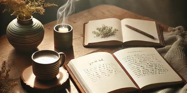 Cozy morning scene with an open journal, coffee, and candlelight, bathed in soft sunlight, perfect for calm reflection.