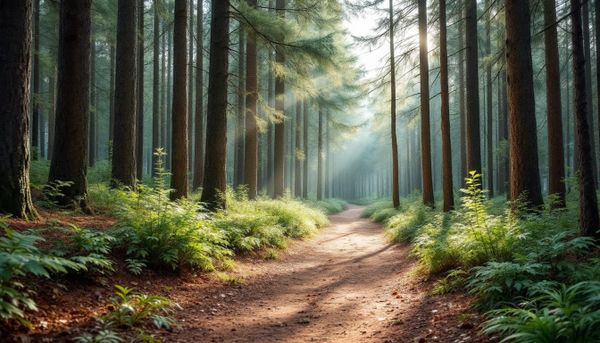A scenic forest trail with dappled sunlight filtering through the trees, symbolizing nature’s calming and healing power.
