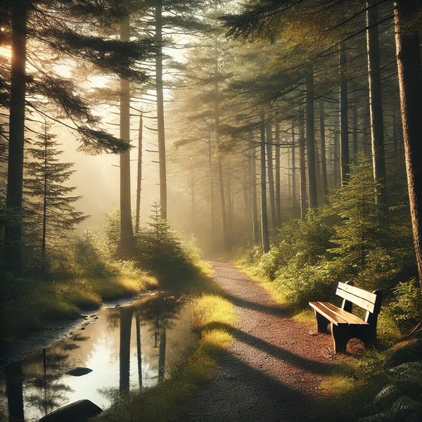 A peaceful forest trail in Maine with mist rising and soft morning light, inviting reflection, calm, and healing in nature.