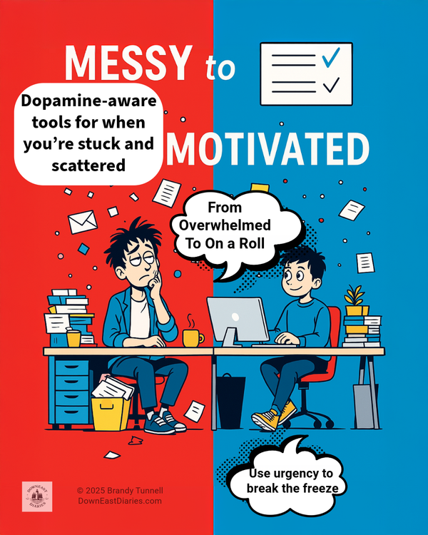 Side-by-side ADHD brain before and after image with clutter vs. calm workspace.