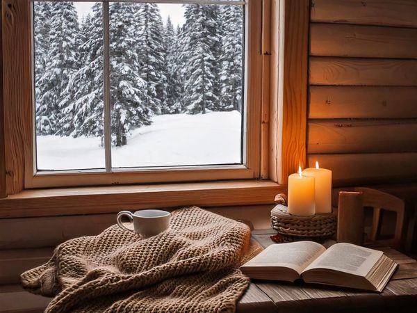 A cozy winter scene with a steaming mug, an open book, and glowing candles near a snow-covered window.
