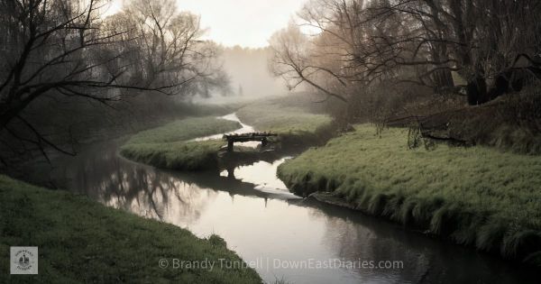 A soft, moody landscape of a river splitting into two paths—one dark, one glowing, symbolizing choice