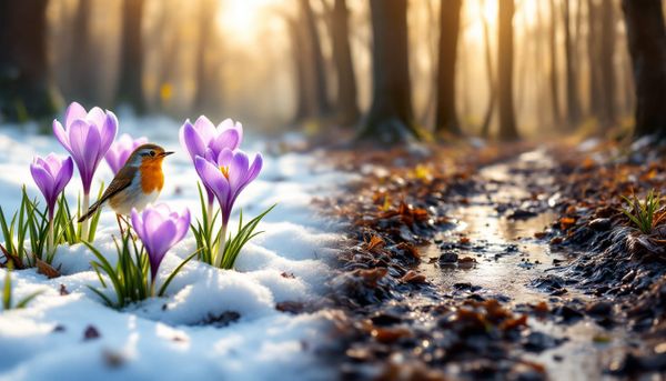 Robin perched on crocuses peeking through melting snow, with a muddy trail ahead. Spring's messy arrival in Maine.