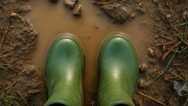 A pair of green rain boots standing in a muddy puddle surrounded by melting snow and spring grass, symbolizing the messy start of Maine’s spring season.