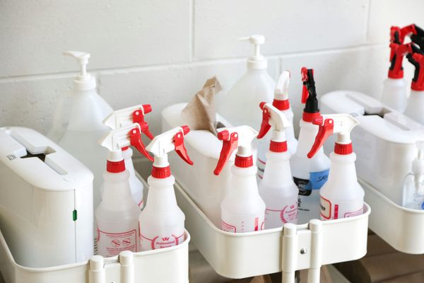 Cleaning bottles ready for Pine & Shine, a Lewiston Maine cleaning business.